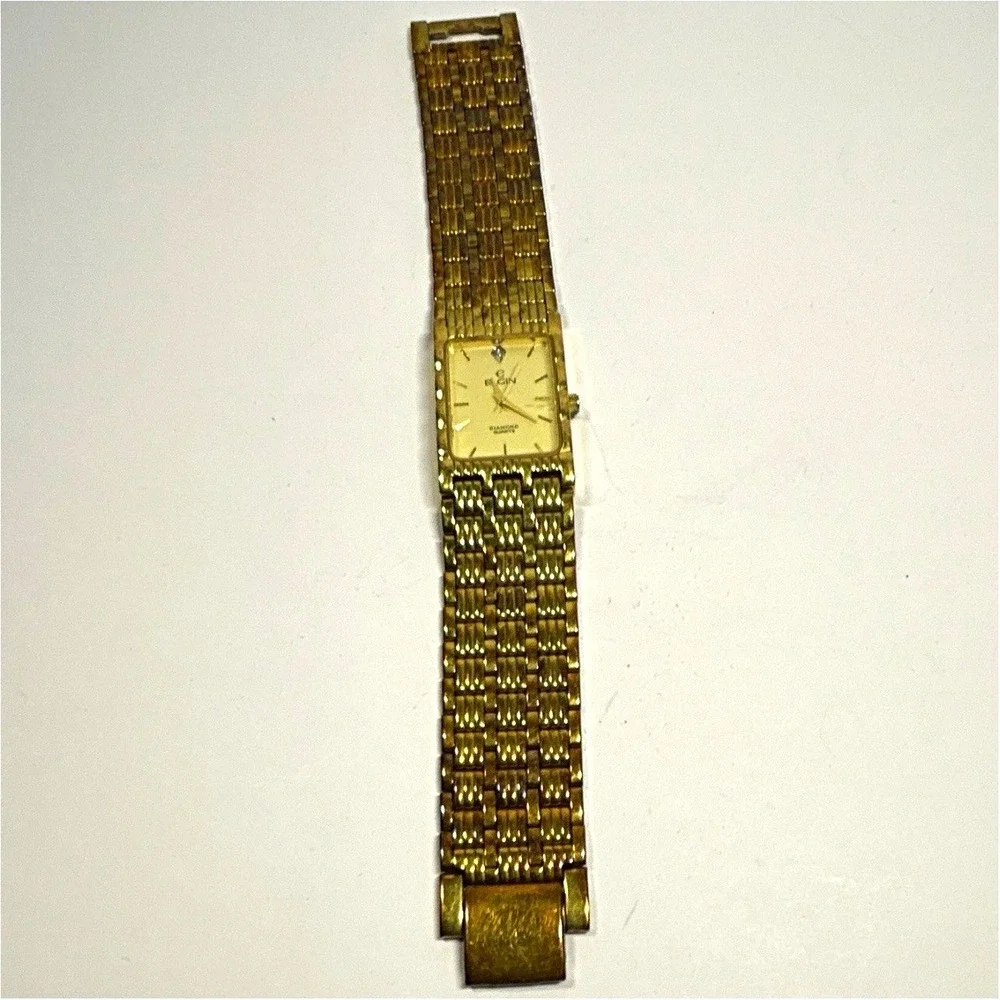 Elgin Diamond Quartz Womens Dress Analog Gold Tone Rectangle Bracelet Watch Mens